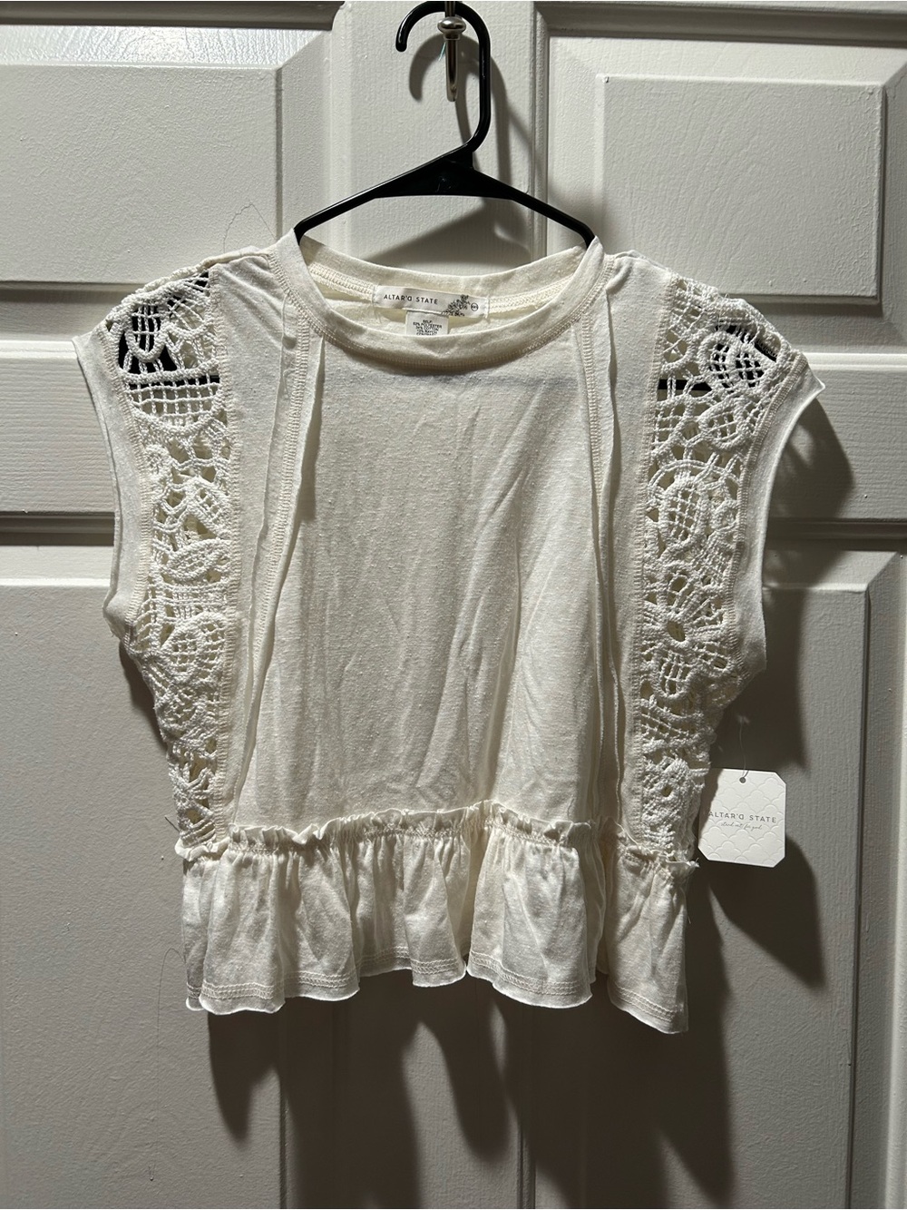 NWT Altar'd State Ivory Crochet-Trim Ruffle Crop Top Size XXS